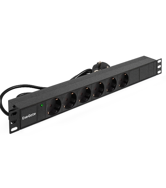 Блок розеток горизонтальный ExeGate ServerPro PDU-19H602 Al-6S-EU2, 19', 1U, Алюминий, 6 Schuko, кабель с евровилкой VDE-250V-16A-3*1.5мм2, 2метра, черный