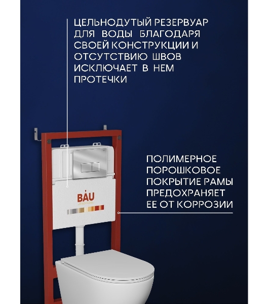 Комплект BAU 6 в 1: инсталляция BAU PRO для подвесного унитаза, унитаз подвесной безободковый торнадо обратного потока Bau Dream 52х36 Hurricane-5, сиденье быстросъемное микролифт, кнопка смыва BAU Hotel , хром