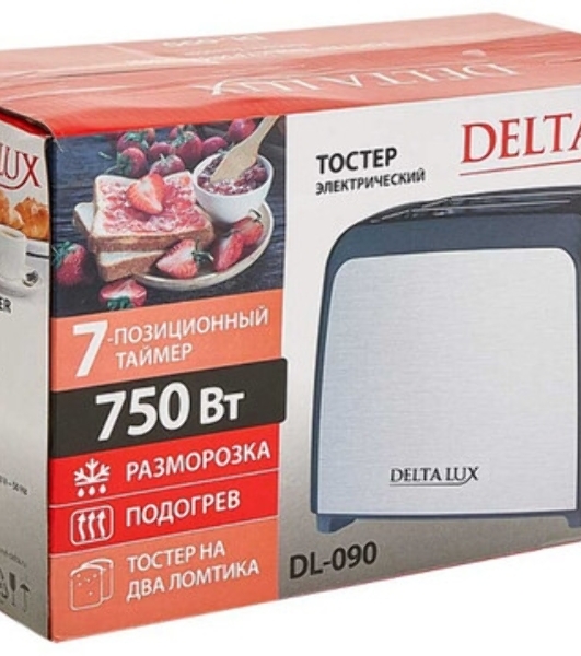 Тостер Delta LUX DL-090 нерж.,черный: 750 Вт, 2ломтика, 6-ти позиц. таймер, разморозка, подогрев (6)