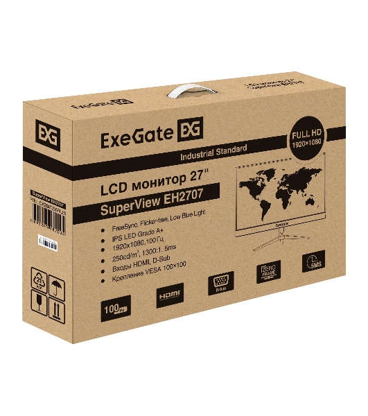 Монитор 27' ExeGate SuperView EH2707 IPS 1920x1080, 100 Гц, 5 мс, 16:9, 250 кд/м², HDMI 1.4, VGA, FreeSync, черный