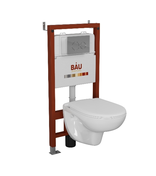 Комплект BAU 6 в 1: инсталляция BAU PRO для подвесного унитаза, унитаз подвесной безободковый Bau Novo, быстросъемное сиденье микролифт, круглая хромированная клавиша Aquanika
