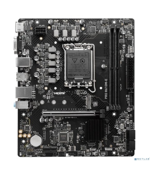Материнская плата MSI PRO H610M-E, LGA 1700, Intel H610, 2xDDR5, 4xSATA, 1xM.2, 1xPCIe 4.0 x16, 1xPCIe 4.0 x1, 1xHDMI, 1xVGA, 1xRJ45 1Gb, 2xUSB-A 3.2 Gen 1, 4xUSB-A 2.0, 3x3.5мм, 7.1, mATX
