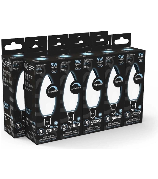 Лампа светодиодная Gauss Filament 103201209-D 9Вт цок.: E14 свеча 220B св. свеч. белый нейт. (упак.: 10 шт)