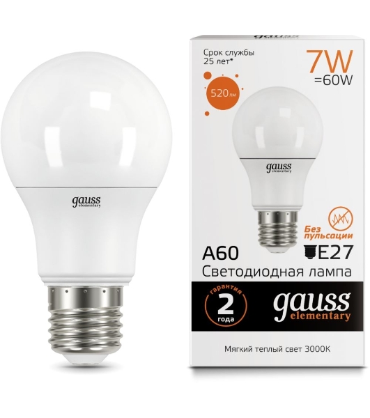 Лампа светодиодная Gauss 23217A LED Elementary A60 7W E27 520lm 2700K 1/10/100 0