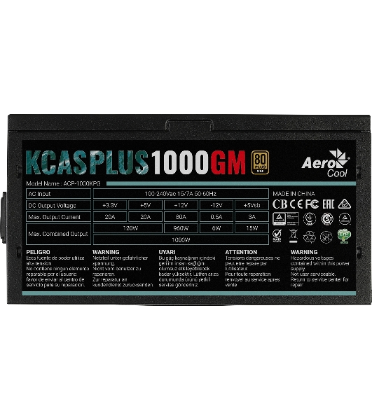 Блок питания Aerocool/Formula 1000W Retail KCAS PLUS 1000GM, 80 PLUS Gold, ATX v2.4, модульный, fan 14cm, 6x PCI-E [6+2-Pin], 10x SATA, 6x MOLEX