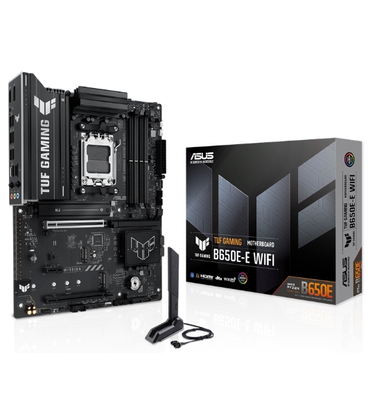 Материнская плата ASUS TUF GAMING B650-E WIFI, AM5, AMD B650, 4xDDR5, 4xSATA, 3xM.2, 1xPCIe 4.0 x16, 1xPCIe 4.0 x16, 1xPCIe x1, 1xDP, 1xHDMI, 1x2.5Gb LAN, Wi-Fi 6E, Bluetooth 5.3, 2xUSB-C (1x10Gbps, 1x20Gbps), 3xUSB-A 5Gbps, 2xUSB-A 10Gbps, 3xUSB-A 2.0, 5x3.5 мм, 7.1, ATX