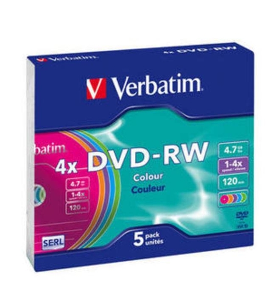 Диск DVD-RW Verbatim 4.7Gb 4x Slim case (5шт) Color (43563)