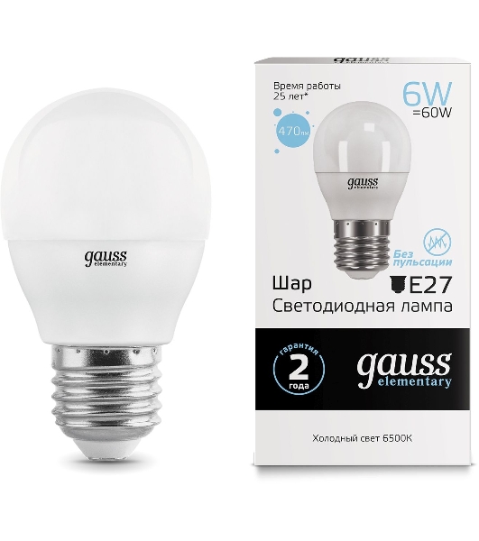 Лампа светодиодная Gauss Elementary 6Вт цок.: E27 шар 220B 6500K св. свеч. бел. хол. (упак.: 10 шт)