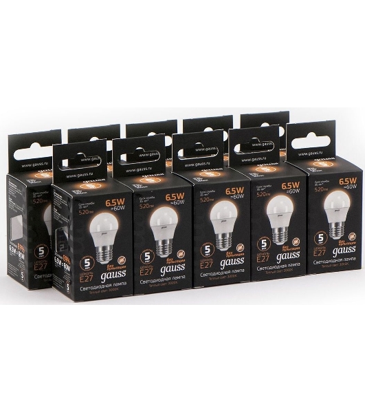 Лампа светодиодная Gauss Black 6.5Вт цок.: E27 шар 220B 3000K св. свеч. бел. теп. G45 (упак.: 10 шт)
