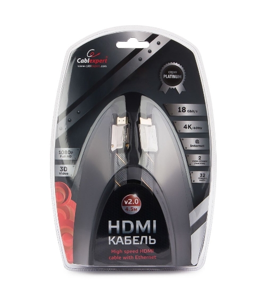 Кабель Cablexpert HDMI, серия Platinum, 4,5 м, v2.0, M/M, плоский, позол.разъемы, металлический корпус, нейлоновая оплетка, блистер
