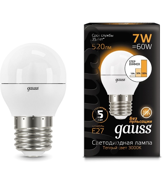Лампа светодиодная Gauss Black 6.5Вт цок.: E27 шар 220B 3000K св. свеч. бел. теп. G45 (упак.: 10 шт)