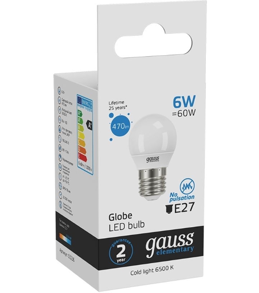 Лампа светодиодная Gauss Elementary 6Вт цок.: E27 шар 220B 6500K св. свеч. бел. хол. (упак.: 10 шт)