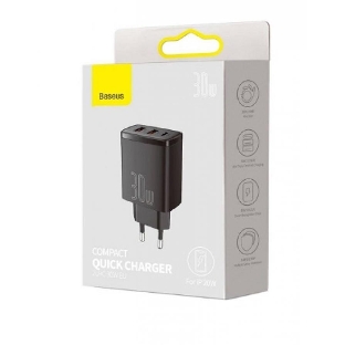 Сетевое зарядное устройство BASEUS Compact Quick Charger, два порта USB, один порт Type-C, 30W, 5V, 3.0A, черный