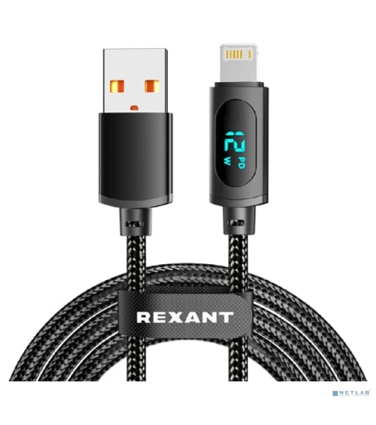 Кабель Rexant USB-A - Lightning для Apple, 2,4А, 1м, в черной нейлоновой оплетке, c LED дисплеем