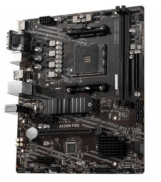 Материнская плата MSI A520M PRO, AM4, AMD A520, 2xDDR4, 4xSATA, 1xM.2, 1xPCIe 3.0 x16, 1xVGA, 1xDP, 1xHDMI, 1x 1Gb LAN, 2xUSB 2.0, 4xUSB 3.2 Gen 1, 3x3.5 мм, 7.1, mATX