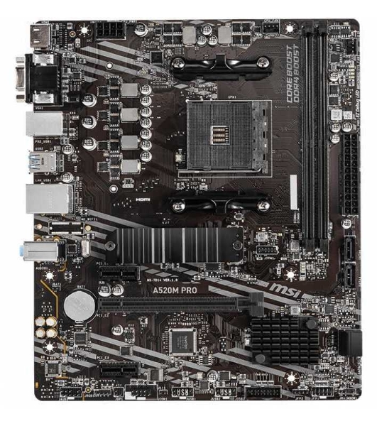 Материнская плата MSI A520M PRO, AM4, AMD A520, 2xDDR4, 4xSATA, 1xM.2, 1xPCIe 3.0 x16, 1xVGA, 1xDP, 1xHDMI, 1x 1Gb LAN, 2xUSB 2.0, 4xUSB 3.2 Gen 1, 3x3.5 мм, 7.1, mATX