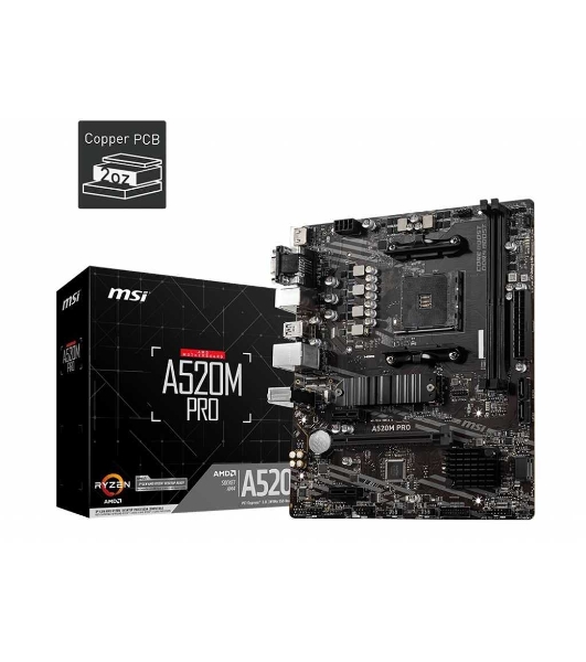 Материнская плата MSI A520M PRO, AM4, AMD A520, 2xDDR4, 4xSATA, 1xM.2, 1xPCIe 3.0 x16, 1xVGA, 1xDP, 1xHDMI, 1x 1Gb LAN, 2xUSB 2.0, 4xUSB 3.2 Gen 1, 3x3.5 мм, 7.1, mATX