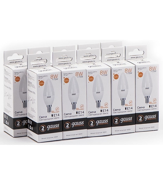 Лампа светодиодная LED Gauss 8Вт E14 220В 2700К Elementary свеча 33118