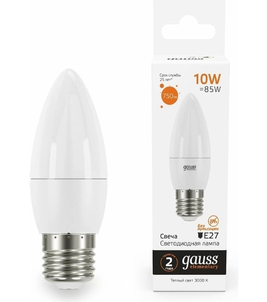 Лампа cветодиодная Gauss Elementary Свеча 10W 750lm 3000K E27 LED