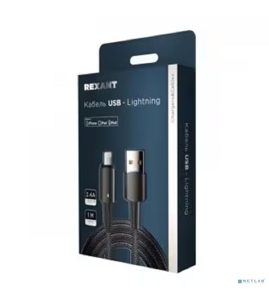 Кабель Rexant USB-A - Lightning для Apple, 2,4А, 1м, в черной нейлоновой оплетке, со световой индикацией