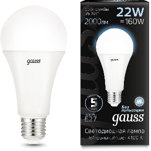 Лампа светодиодная Gauss 22Вт цок.: E27 шар 220B 4100K св. свеч. бел. нейт. A70 (упак.: 10 шт)