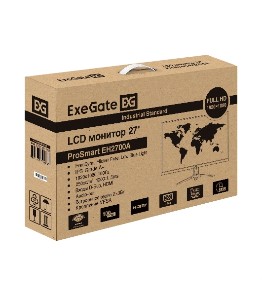 Монитор с аудио 27' 100 Гц ExeGate ProSmart EH2700A (IPS LED Grade A+, FHD, 1920x1080@100Hz, 16:9, 280cd/m2, 1000:1, 178°/178°, 5ms, Speakers, D-Sub, HDMI, audio-out, Flicker-free, FreeSync, Low Blue Light, HDMI cable 1.5m, VESA, регулировка наклона (tilt), black)