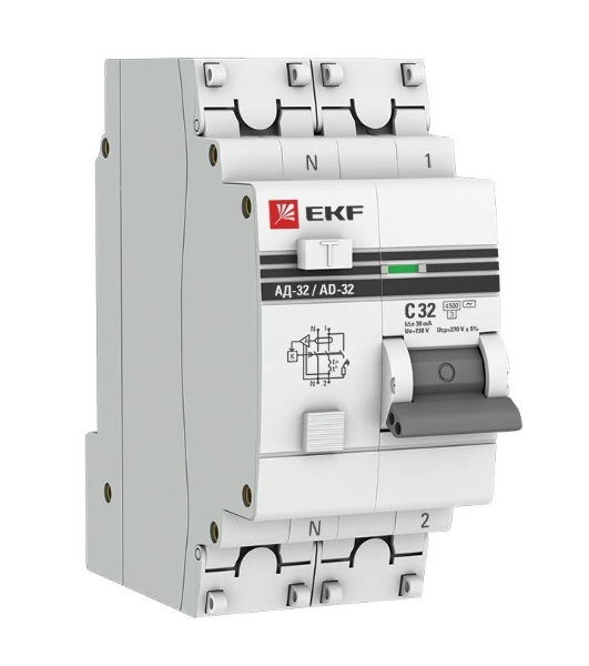 Выключатель автоматический дифференциального тока EKF DA32-32-30-pro АД-32 1P+N 32А/30мА (хар. C, AC, электронный, защита 270В) 4,5кА EKF PROxima