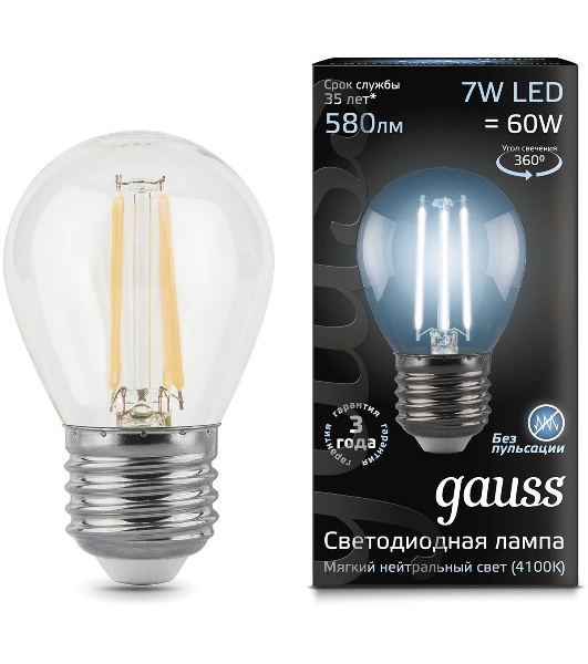 Лампа светодиодная филаментная Gauss 7Вт цок.: E27 шар 220B 4100K св. свеч. бел. нейт. G45 (упак.: 10 шт)