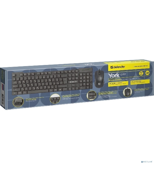Комплект клавиатура+мышь Defender York C-777 проводной, USB, 1000 DPI, чёрный