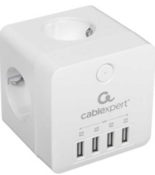 Сетевой фильтр Cablexpert Cube CUBE-4-U4-W, 4 р, 16А, 4хUSB, ур. защиты 2+, белый, коробка