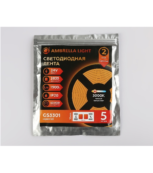 Светодиодная лента Ambrella light GS3301 2835 240Led/ 18W m/ 24V IP20 3000K/ 5000*10*1.2mm (2 конт.)