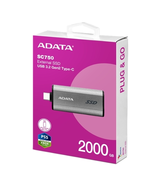 Внешний SSD ADATA SC750, 2TB, USB 3.2 Gen 2 Type-C, R/W 1050/1000, черный