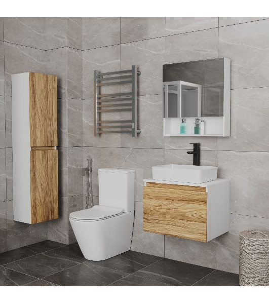 Комплект для ванной, 4 предмета (Тумба Bau Dream Blackwood 60, раковина BAU Hotel 48х37, смеситель для раковины высокий Hotel Black, черный, выпуск клик клак, черный)