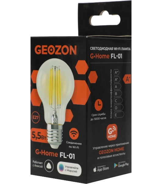 Умная LED лампа филамент GEOZON/E27/A60/5.5W/2200K-5500K/Wi-Fi/AC 220-250В, 50/60Гц/500lm/transparent GSH-SLF01
