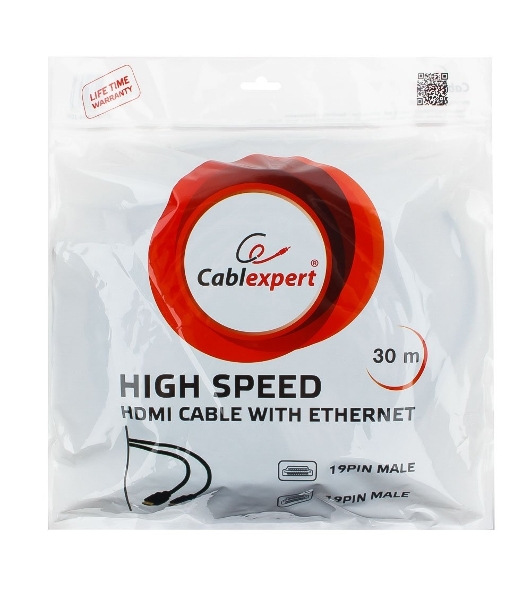 Кабель Cablexpert HDMI CC-HDMI4-30M, 19M/19M, v1.4, медь, позол.разъемы, экран, усилитель сигнала, 30м, черный, пакет