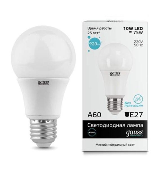 Лампа светодиодная Gauss Elementary 23220LED A60 E27 10W 4100K 1/40