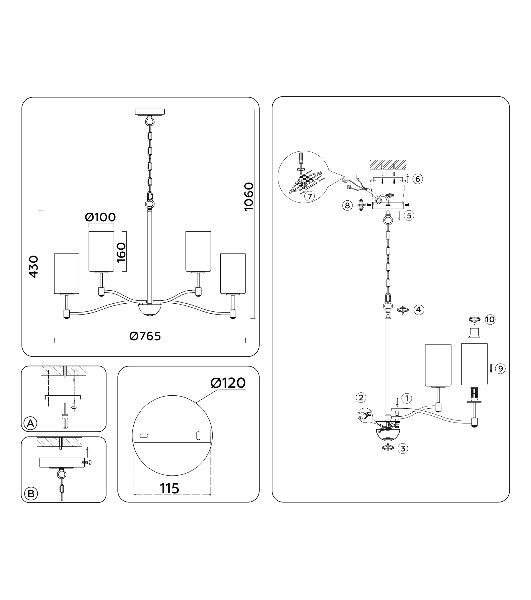 Люстра Ambrella light LH56054/6+3 BS/FR латунь/белый матовый E14*9 max 40W D765*1060