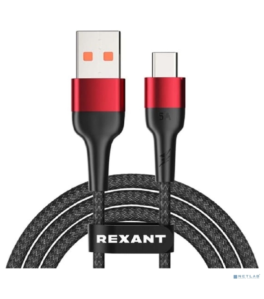 Кабель Rexant USB-A - Type-C, 5А, 50Вт, 1м, в черной нейлоновой оплетке