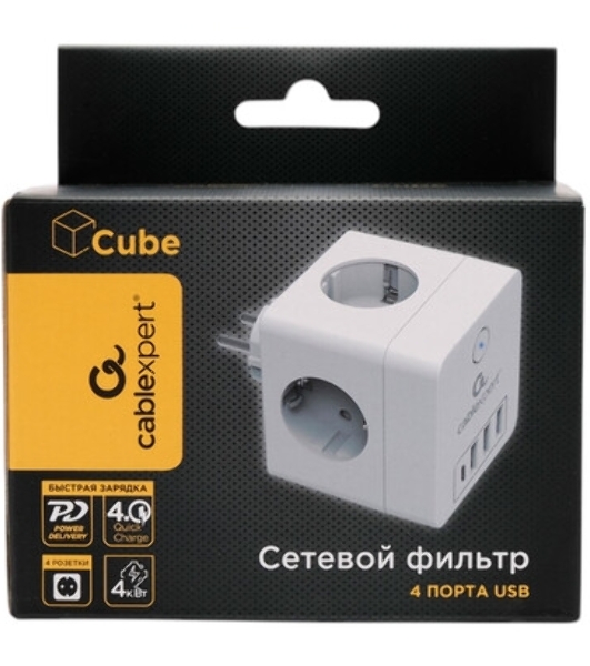 Сетевой фильтр Cablexpert Cube, CUBE-4-СU3-W, 4 р, 16А, 1xType-C PD, 3хUSB, ур. защиты 2+, белый, коробка