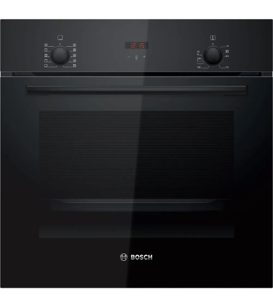 Духовой шкаф электрический Bosch HBF512BB1T Serie 2, духовой шкаф, черный, класс энергоэффективности А, 7 режимов, 3-х слойное остекление, LED-дисплей, утапливаемые переключатели, галогенное освещение, проволочные направляющие, сделано в Турции,