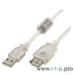 Кабель-удлинитель USB2.0 Pro Cablexpert CCF-USB2-AMAF-TR-2M, AM/AF, 2м, экран, 2феррит.кольца, прозрачный, пакет, фото2