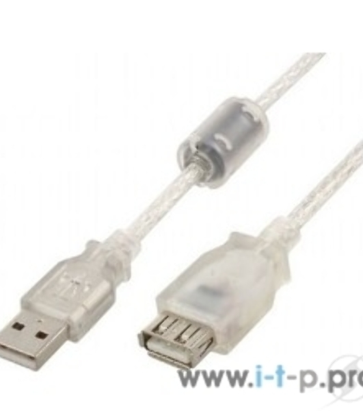 Кабель-удлинитель USB2.0 Pro Cablexpert CCF-USB2-AMAF-TR-2M, AM/AF, 2м, экран, 2феррит.кольца, прозрачный, пакет