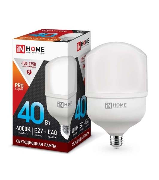 Лампа светодиодная LED-HP-PRO 40Вт 230В 4000К E27 3600лм с адаптером IN HOME 4690612031095