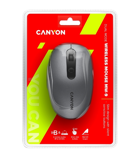 Мышь беспроводная Canyon MW-9 серый, 1600 dpi, радиоканал, Bluetooth, USB, кнопки - 6