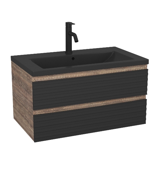 Тумба под раковину Bau Stil Loft black brushed, раковина кварцевая BAU Stil 75, черный металлик, смеситель Dream Black, черный