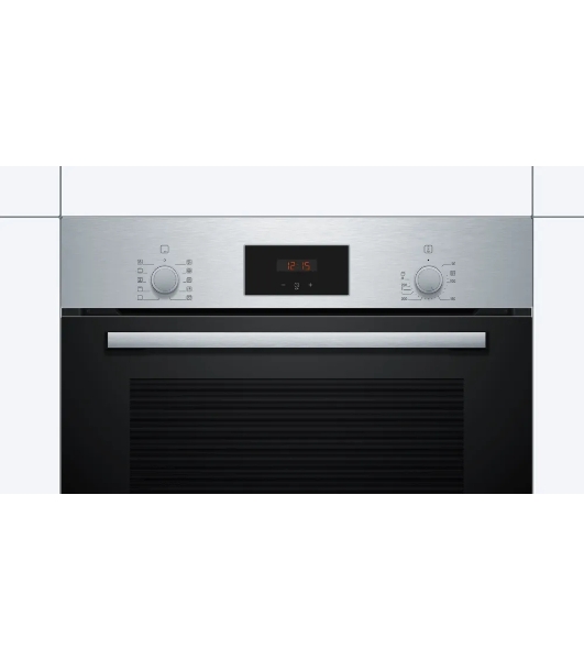 Духовой шкаф Bosch HBF512BS1T Serie 2, нержавеющая сталь, класс энергоэффективности А, 7 режимов, 3-х слойное остекление, LED-дисплей, утапливаемые переключатели, галогенное освещение, проволочные направляющие, сделано в Турции,