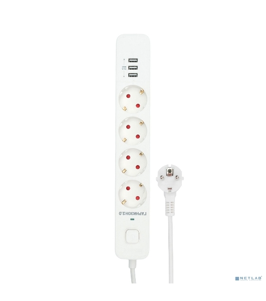 Сетевой фильтр Гарнизон 2.0 Мультипорт EPS-4-U3-W-2, 4 р, 10А, 3xUSB, 2 м, ур.защиты 2+, белый, пакет