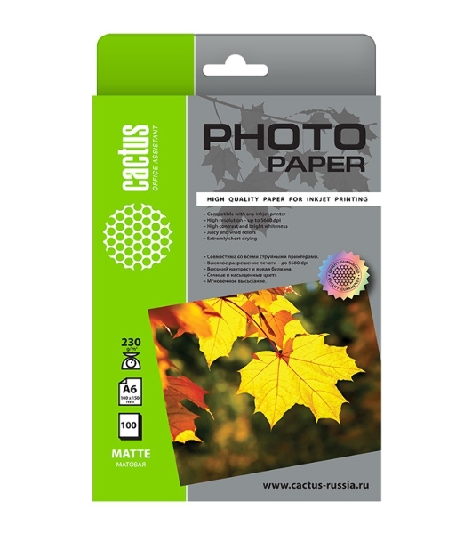 Фотобумага Cactus CS-MA6230100 A6/230г/м2/100л./белый матовое для струйной печати