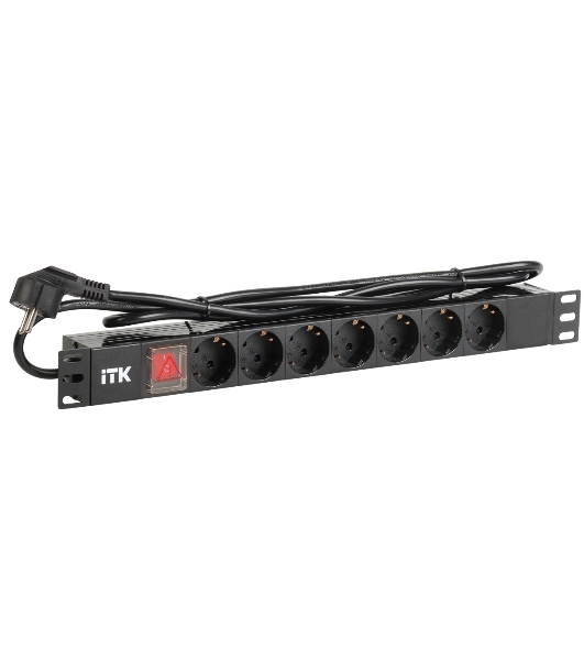 Блок розеток ITK PDU 7 розеток DIN49440 (нем. cтанд.) с LED выключателем, 1U, шнур 2м вилка DIN49441 (нем. станд.), профиль из ПВХ, черный