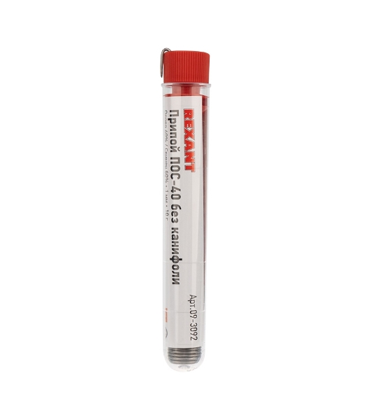 Припой без канифоли ПОС-40 Rexant, 10 г, Ø1.0 мм, (олово 40%, свинец 60%), колба